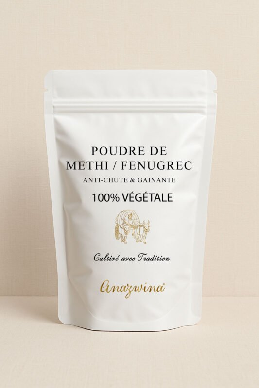 Poudre de Methi / Fenugrec ayurvédique bio – soin naturel fortifiant et stimulant pour cheveux