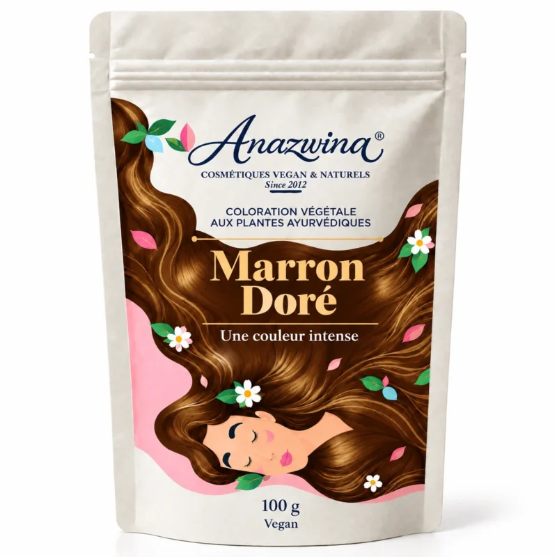 Coloration végétale marron doré Anazwina : teinture naturelle 100 % végétale pour cheveux châtains aux reflets dorés