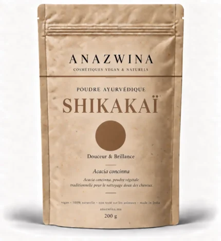 Sachet de poudre de Shikakai bio Anazwina, soin capillaire ayurvédique 100 % naturel et vegan pour shampoing végétal.