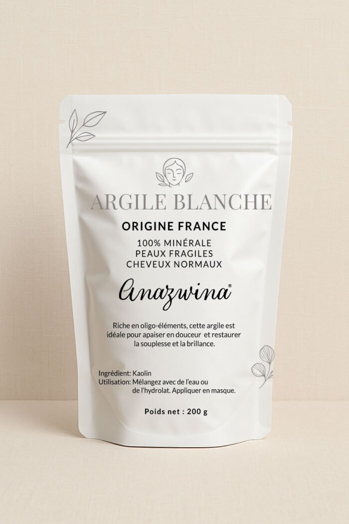 Poudre Argile Blanche naturelle, soin apaisant pour peaux fragiles et cheveux normaux