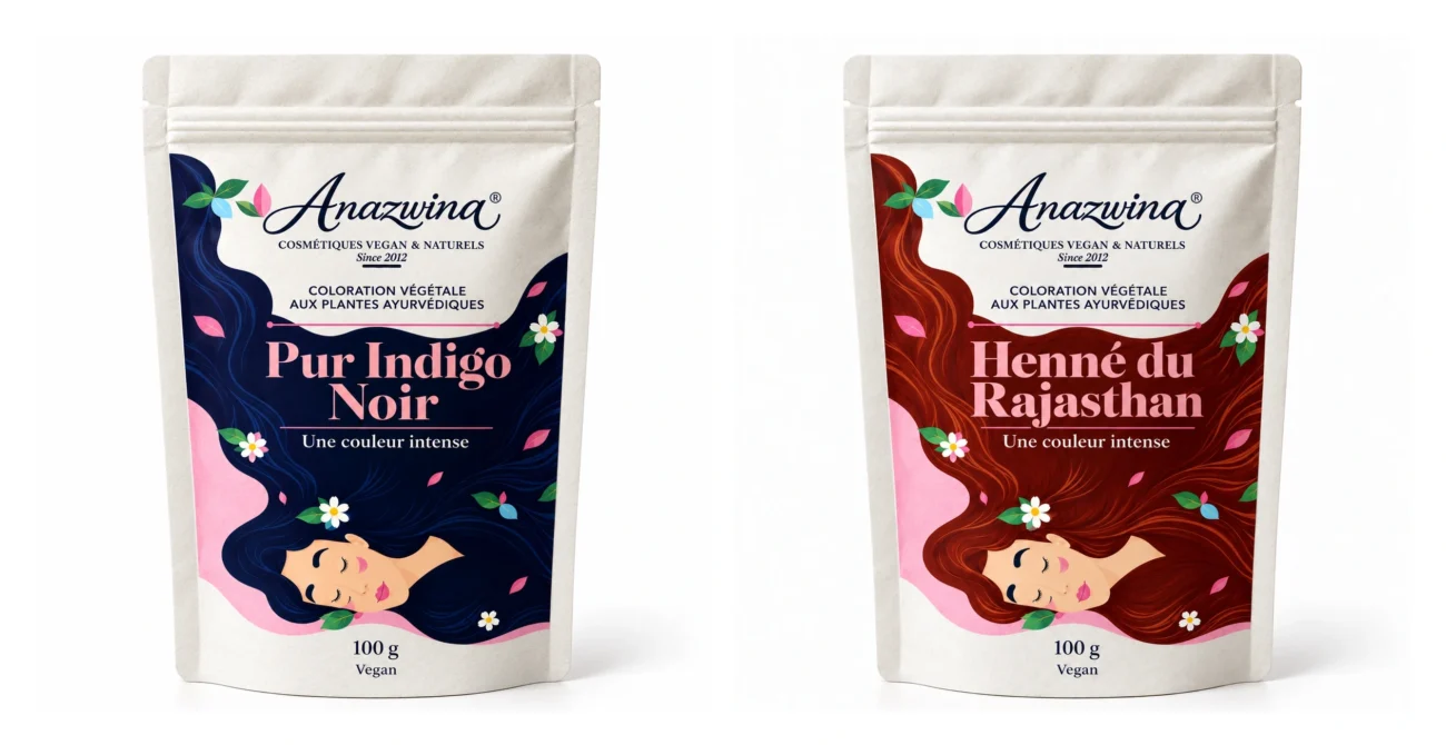 Duo henné et indigo du Rajasthan Anazwina : coloration végétale noire 100 % naturelle pour cheveux, sans produits chimiques