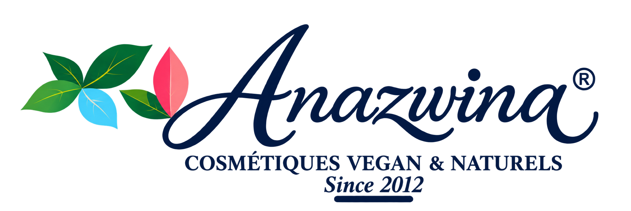 Logo Anazwina – cosmétiques vegan et naturels depuis 2012, calligraphie bleu marine et feuilles colorées.