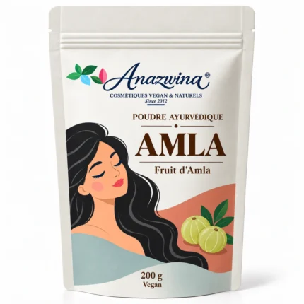 Sachet blanc Anazwina Amla 200 g, poudre ayurvédique, illustration botanique.