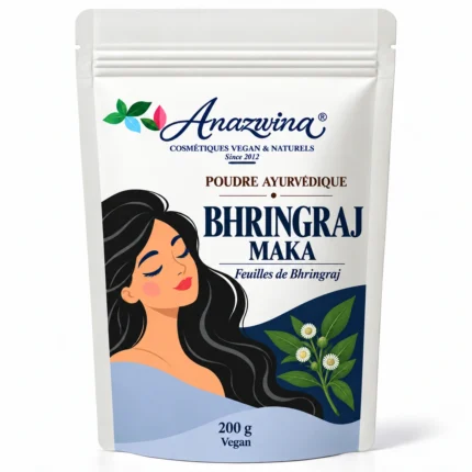 Sachet blanc Anazwina Bhringraj Maka 200 g, poudre ayurvédique, illustration botanique.