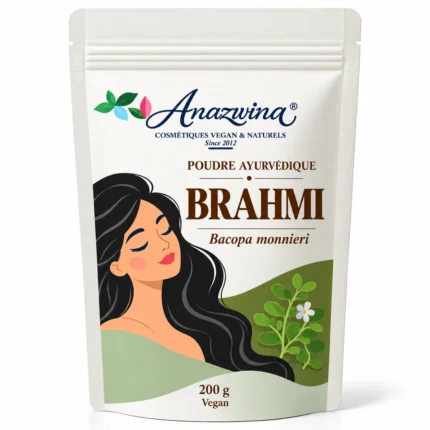 Sachet blanc Anazwina Brahmi 200 g, poudre ayurvédique, illustration botanique.