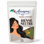 Sachet blanc Anazwina Henné neutre 200 g, poudre de Cassia, illustration botanique.