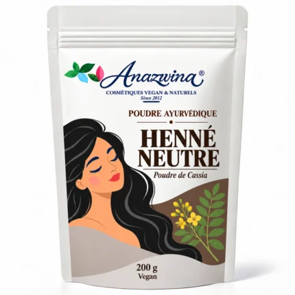 Sachet blanc Anazwina Henné neutre 200 g, poudre de Cassia, illustration botanique.