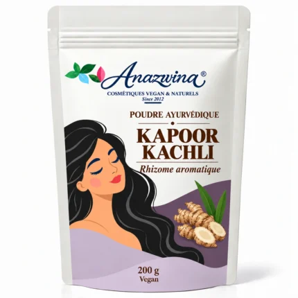 Sachet blanc Anazwina Kapoor Kachli 200 g, poudre ayurvédique, illustration botanique.