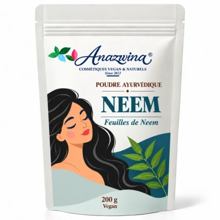 Sachet blanc Anazwina Neem 200 g, poudre ayurvédique, illustration botanique.