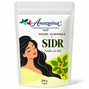 Sachet blanc Anazwina Sidr 200 g, poudre ayurvédique, illustration de feuilles.