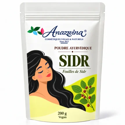 Sachet blanc Anazwina Sidr 200 g, poudre ayurvédique, illustration de feuilles.