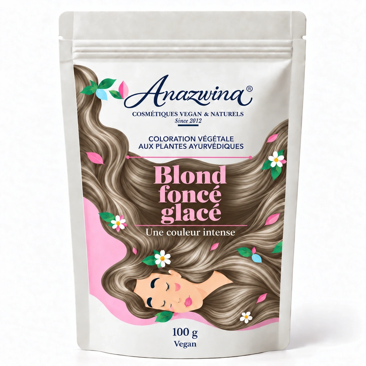 coloration-vegetale-blond-fonce-glace-anazwina-100g Sachet Anazwina Blond foncé glacé 100 g, coloration végétale aux plantes pour les cheveux.